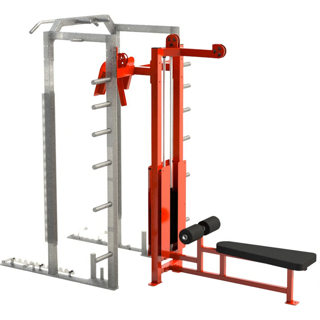 Red Legend Fitness lat pulldown low row attachment mounted to the rear of a Legend Fitness rack