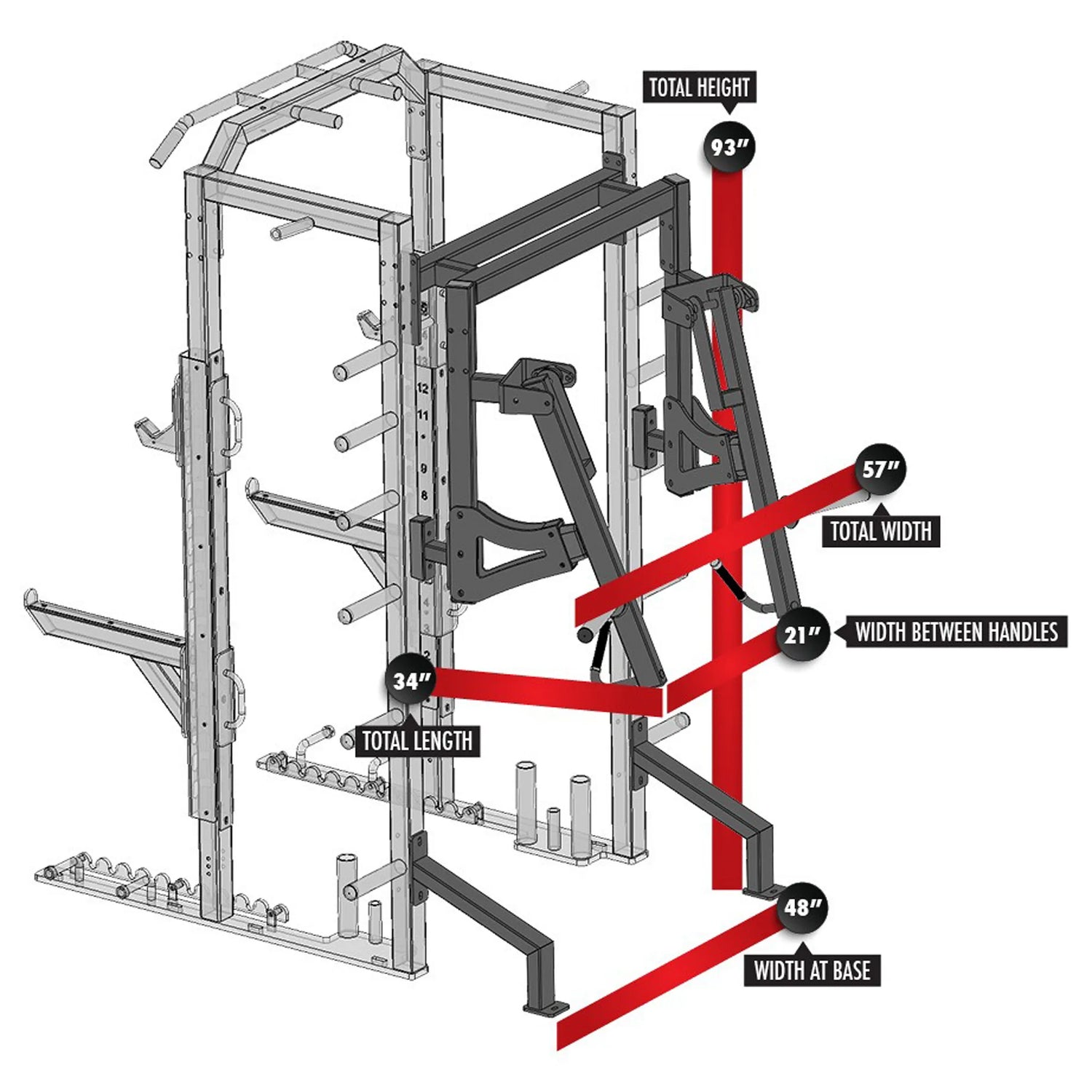 Diagram of the Legend Fitness 3269 Pro Series Bumper Storage Attachment by Legend Fitness with labeled measurements: total height 93, total width 57, width between handles 21, base width 48, and length 34. Red lines indicate dimensions.