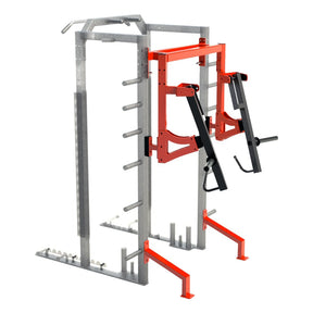The Legend Fitness 3269 Pro Series Bumper Storage Attachment by Legend Fitness is a metal storage rack with red and black adjustable attachments, including hooks, bars, and supports on a sturdy gray frame for strength training.