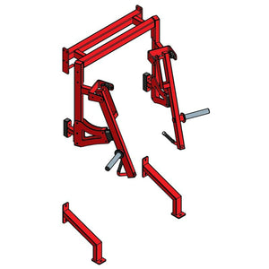 Illustration of the Legend Fitness 3269 Pro Series Bumper Storage Attachment by Legend Fitness, a red wall-mounted frame with two adjustable arms and support bars for strength training like bench or shoulder presses.