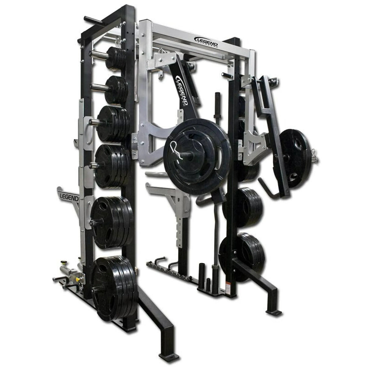 The Legend Fitness 3269 Pro Series Bumper Storage Attachment by Legend Fitness is a versatile strength training accessory featuring multiple handles, bars, and attachments for holding several black weight plates.