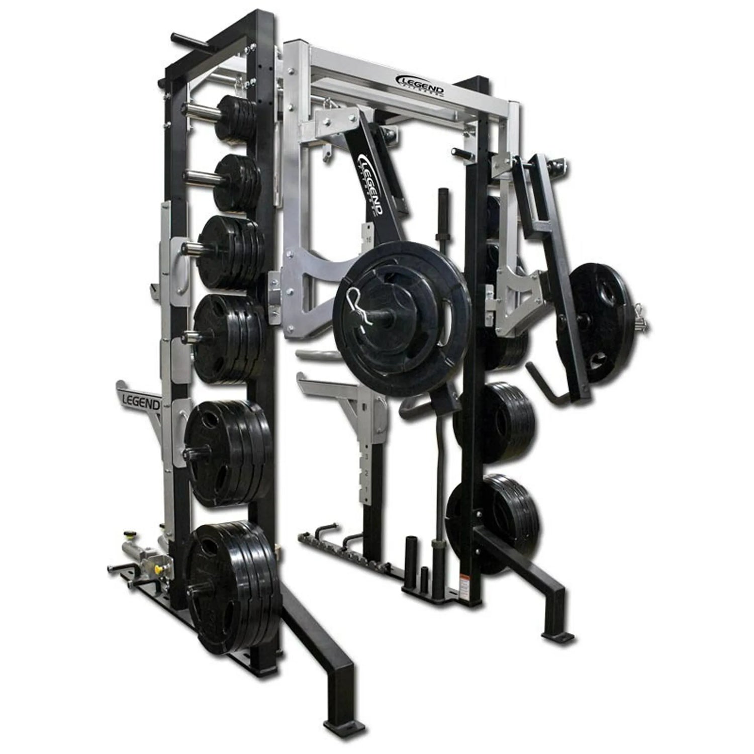Legend Fitness jammer arms mounted to the rear of a Legend Fitness rack