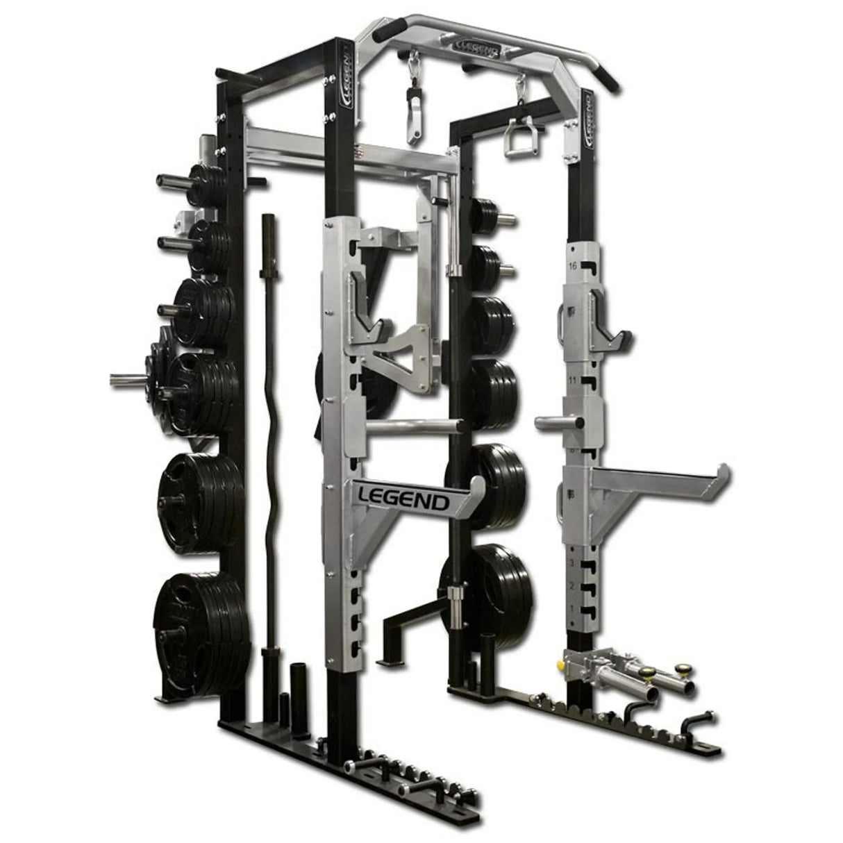 Gym power rack with Legend branding on a white background
