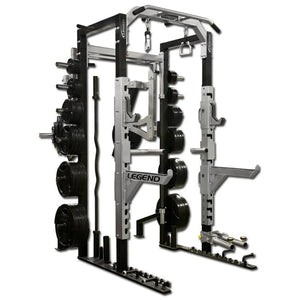 Gym power rack with Legend branding on a white background