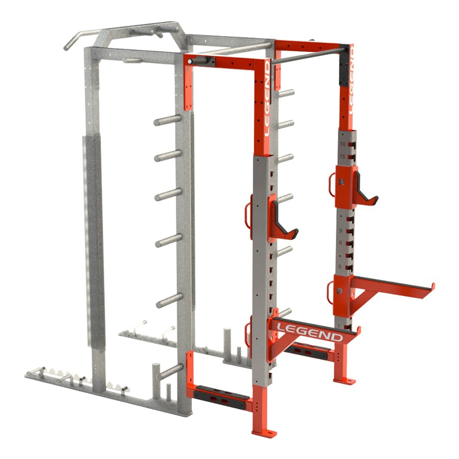 A red Legend Fitness half cage connected to the rear of another half cage