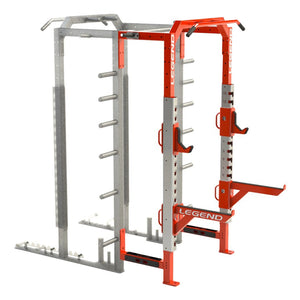 A red Legend Fitness half cage connected to the rear of another half cage