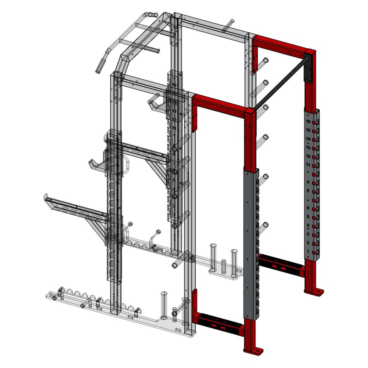 A red Legend Fitness half cage connected to the rear of another half cage