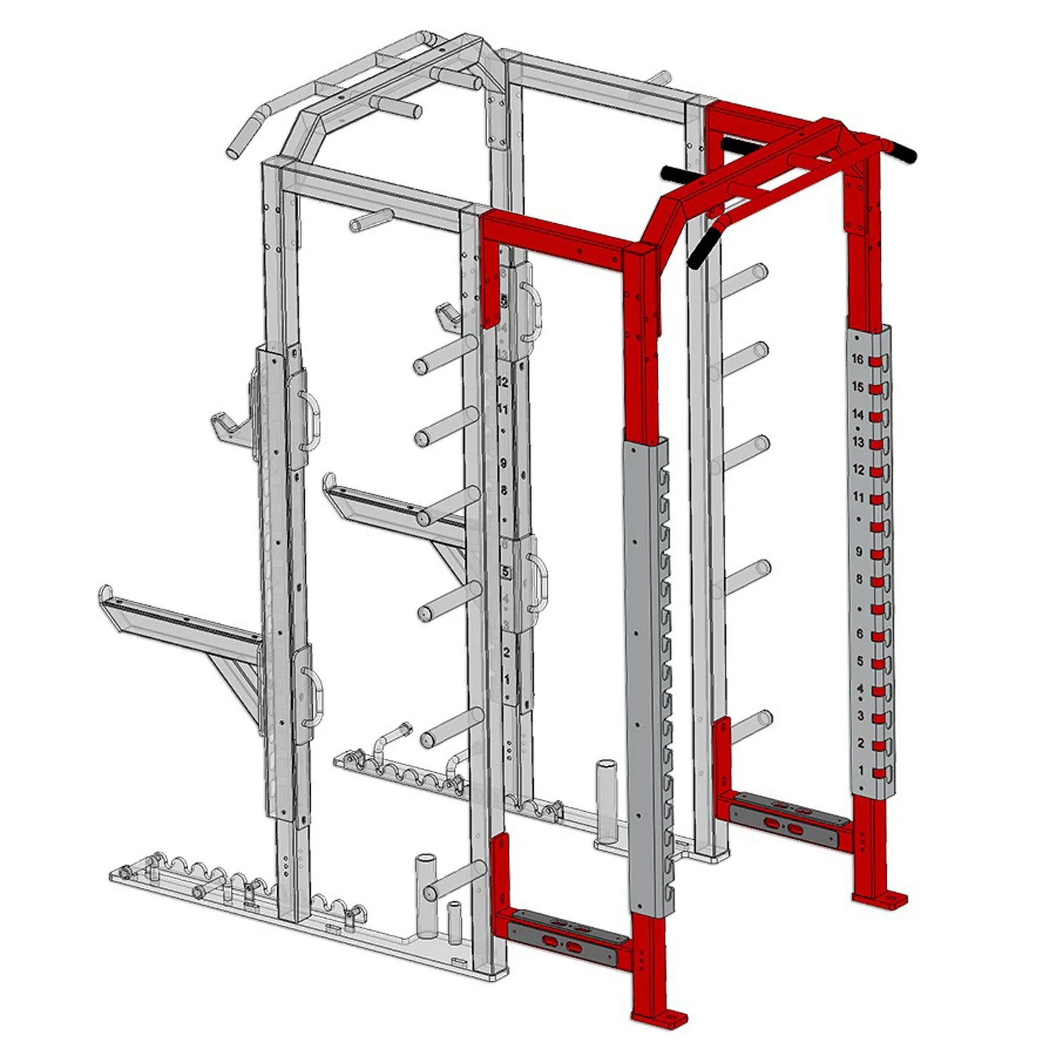 A red Legend Fitness half cage connected to the rear of another half cage