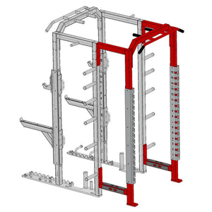 A red Legend Fitness half cage connected to the rear of another half cage
