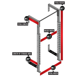 A red Legend Fitness half cage with dimensions