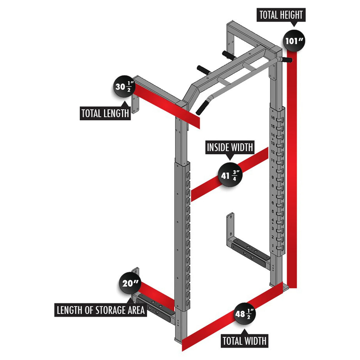 A Legend Fitness half cage attachment with dimensions