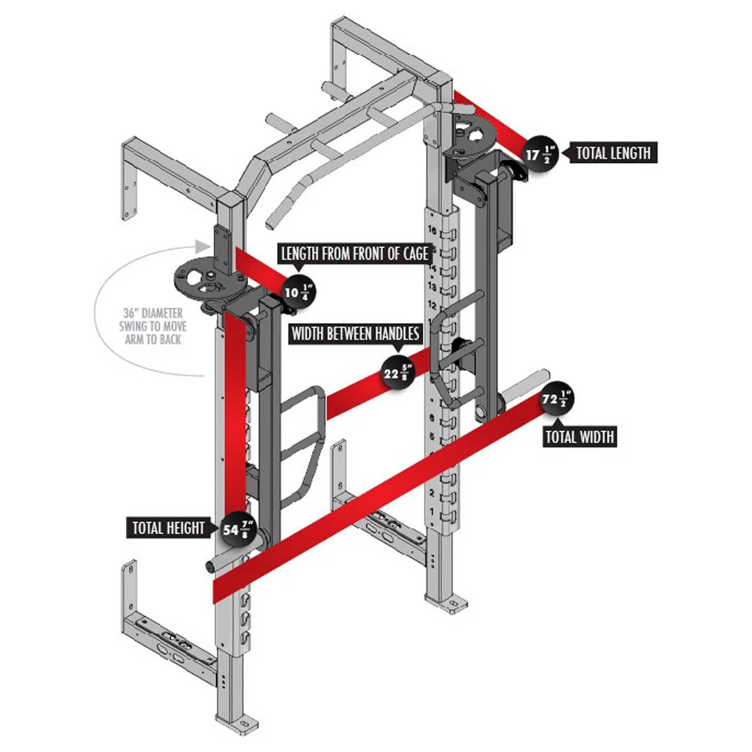 Rotating jammer arms connected to the top of a Legend Fitness weight lifting cage with dimensions