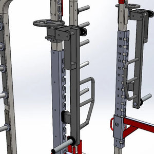Rotating jammer arms connected to the top of a Legend Fitness weight lifting cage