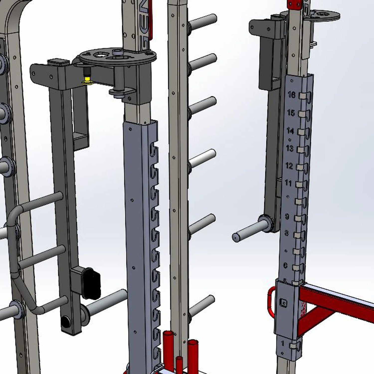 Rotating jammer arms connected to the top of a Legend Fitness weight lifting cage