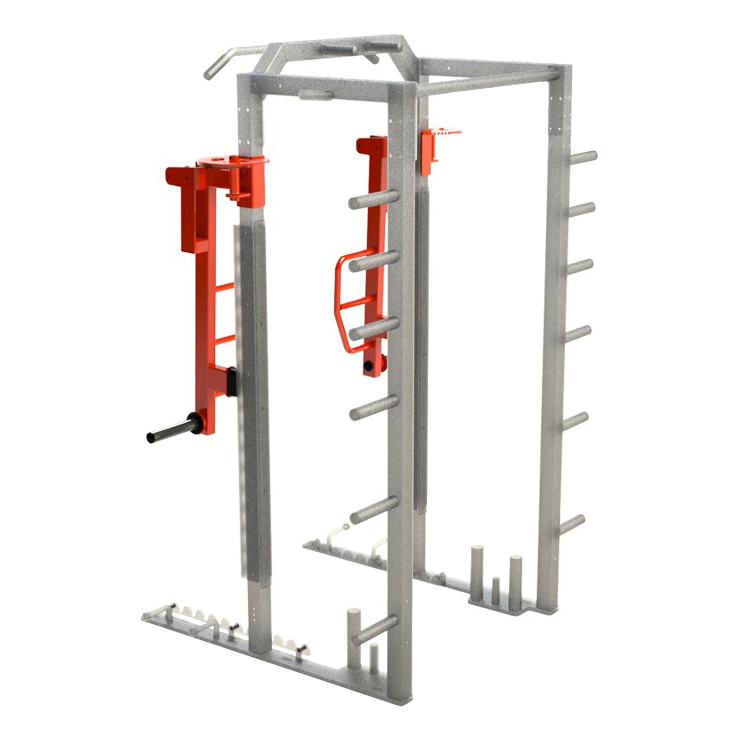 Rotating jammer arms connected to the top of a Legend Fitness weight lifting cage