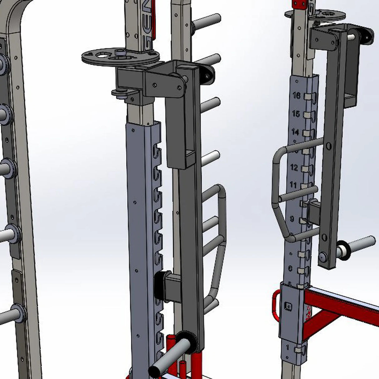 Rotating jammer arms connected to the top of a Legend Fitness weight lifting cage