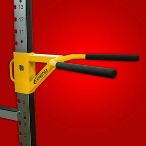 A yellow and black dip attachment mounted to the side of a squat rack with a black background