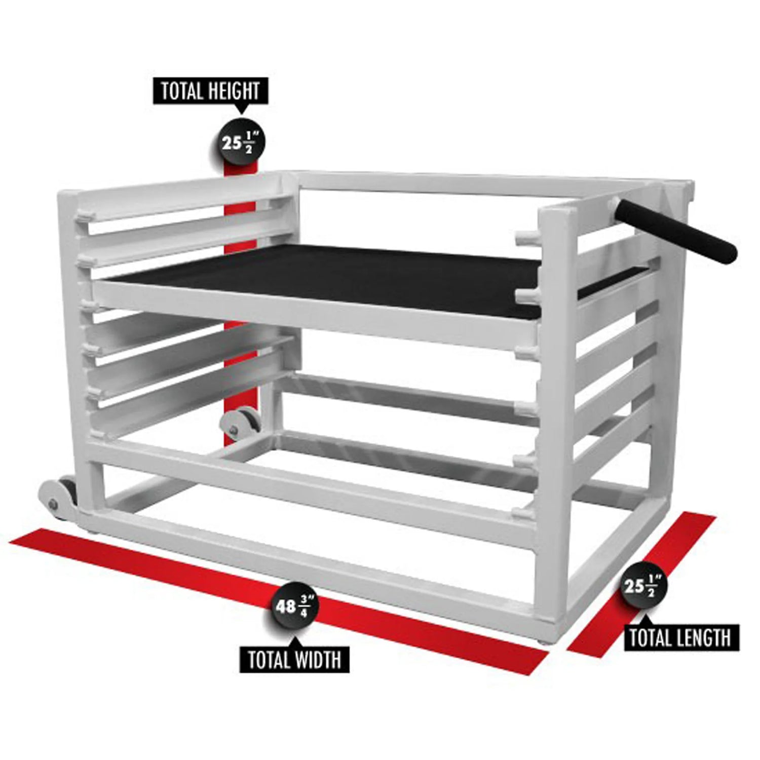 A white metal adjustable step up box on a white background with red measurement labels and dimensions