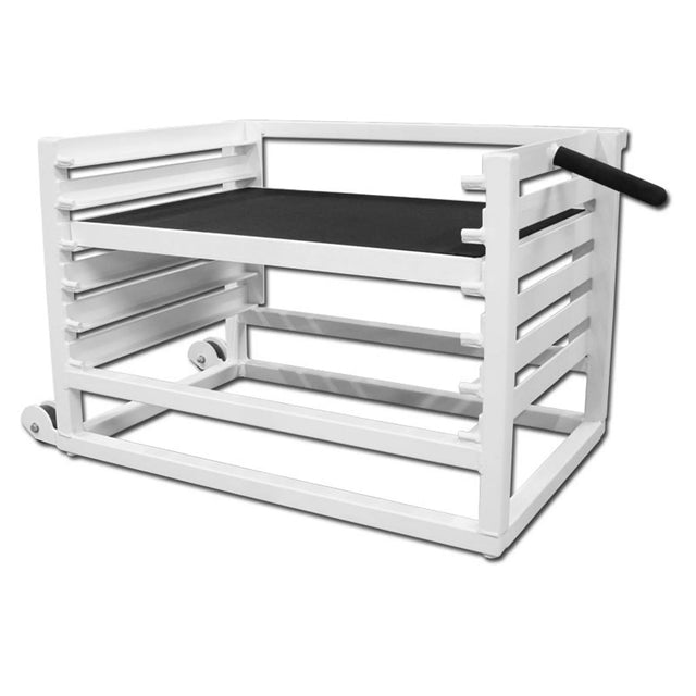 A white metal adjustable step up box on a white background