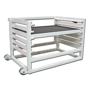 A white metal adjustable step up box on a white background