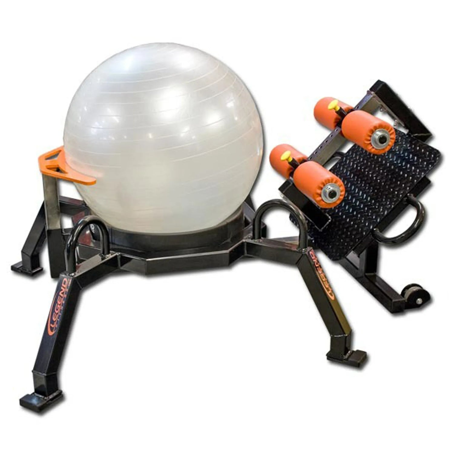 A white exercise ball on a black and orange piece of fitness equipment on a white background