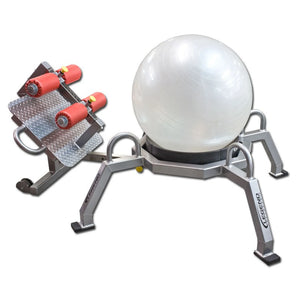 A silver metal piece of fitness equipment with a workout ball on top on a white background