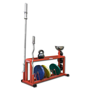 Red weightlifting storage rack with barbell, kettlebell, and weight plates on a white background