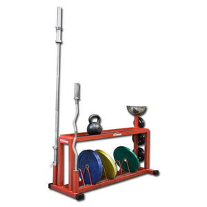 Red weightlifting storage rack with barbell, kettlebell, and weight plates on a white background