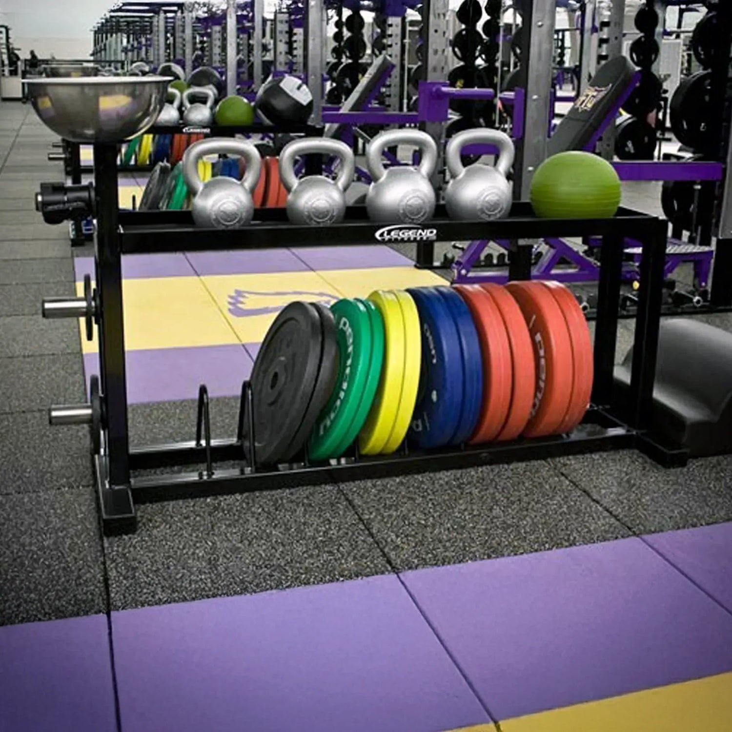 A black storage rack in a weight room with kettlebells on the top shelf and bumper plates on the bottom shelf