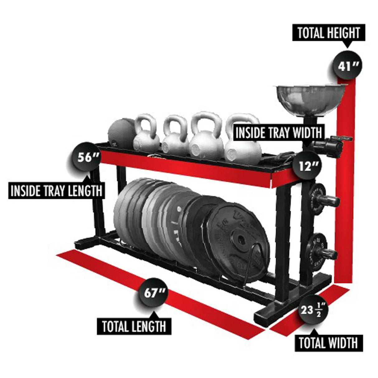 Gym equipment rack with measurements on a white background