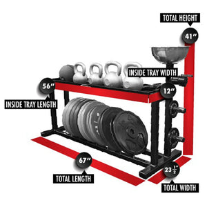 Gym equipment rack with measurements on a white background