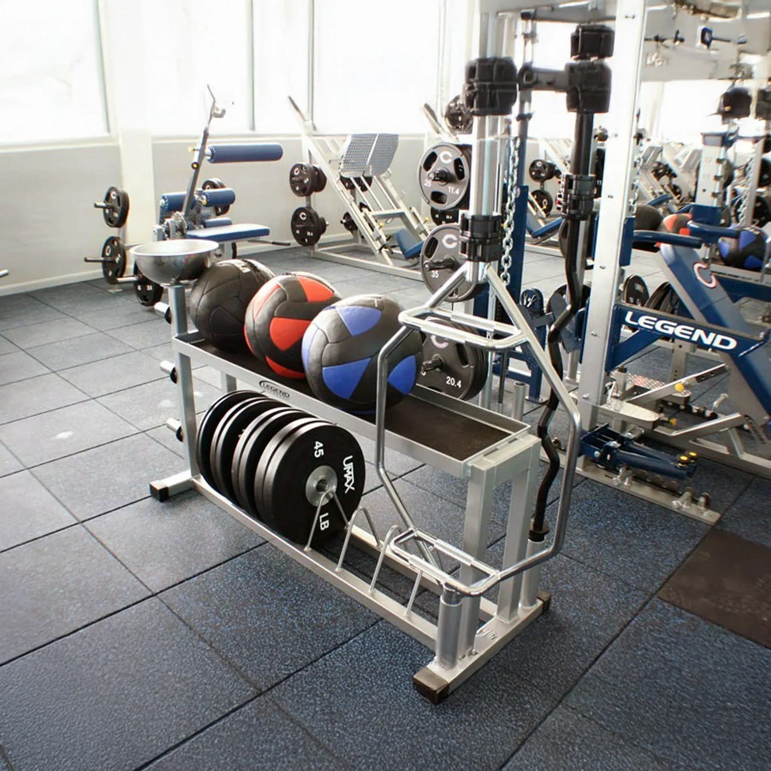 Gym interior with weight rack and exercise equipment