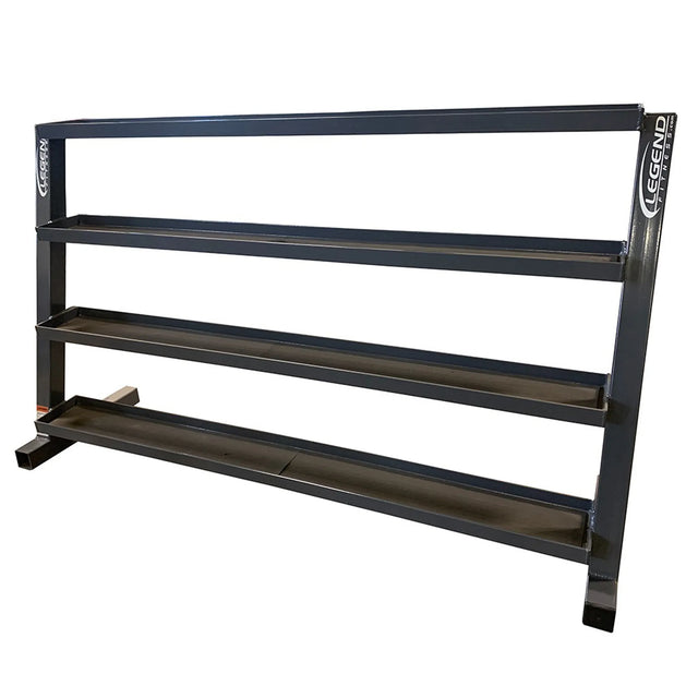 Black metal storage unit with four flat tray shelves on a white background