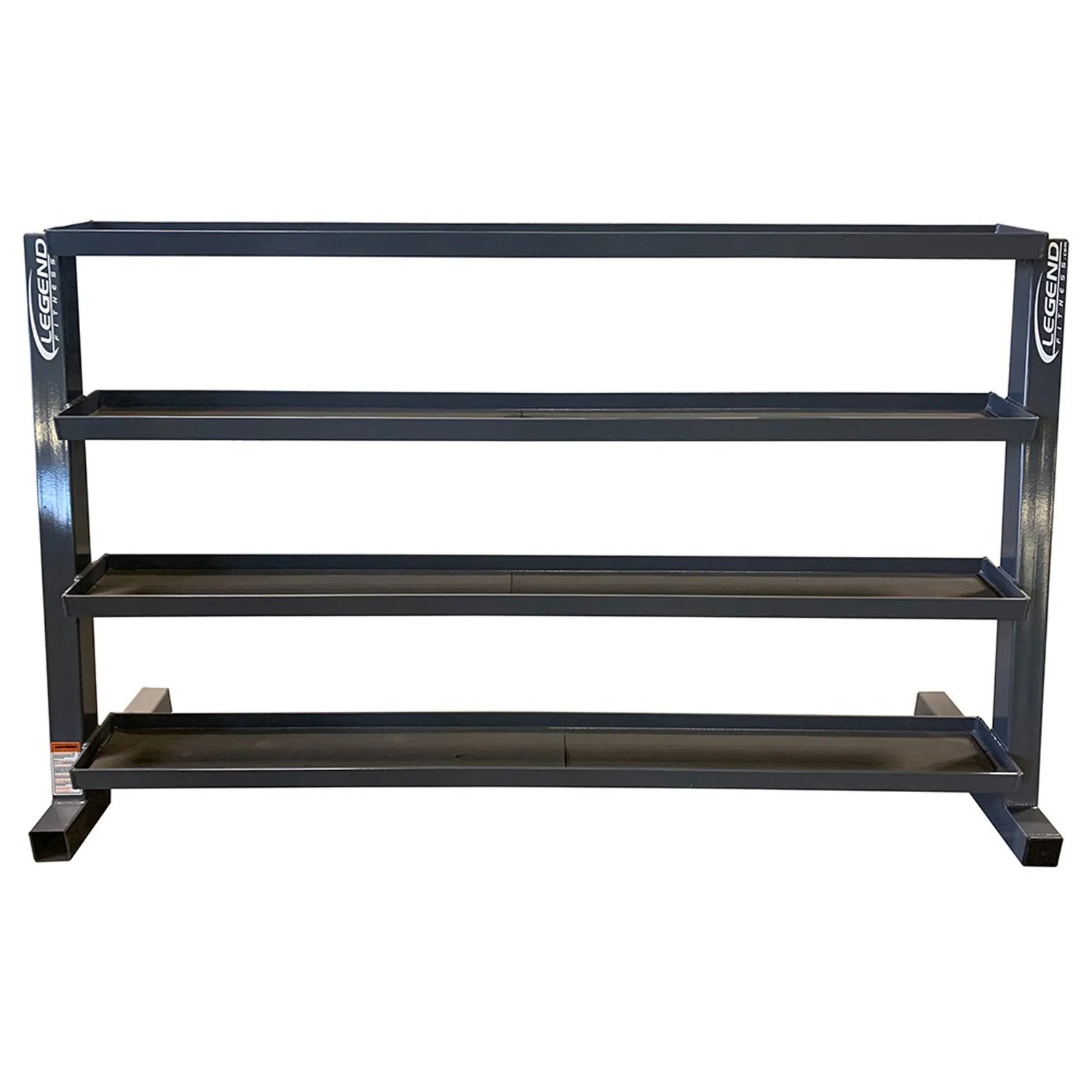 Black metal storage unit with four flat tray shelves on a white background
