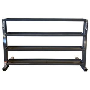 Black metal storage unit with four flat tray shelves on a white background