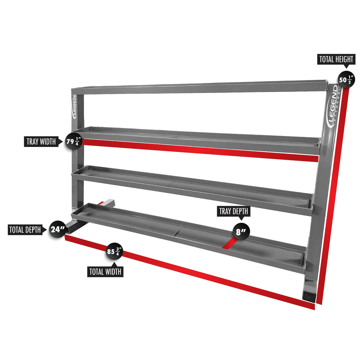 Black metal storage unit with four flat tray shelves on a white background with red markings and dimension labels