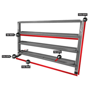 Black metal storage unit with four flat tray shelves on a white background with red markings and dimension labels