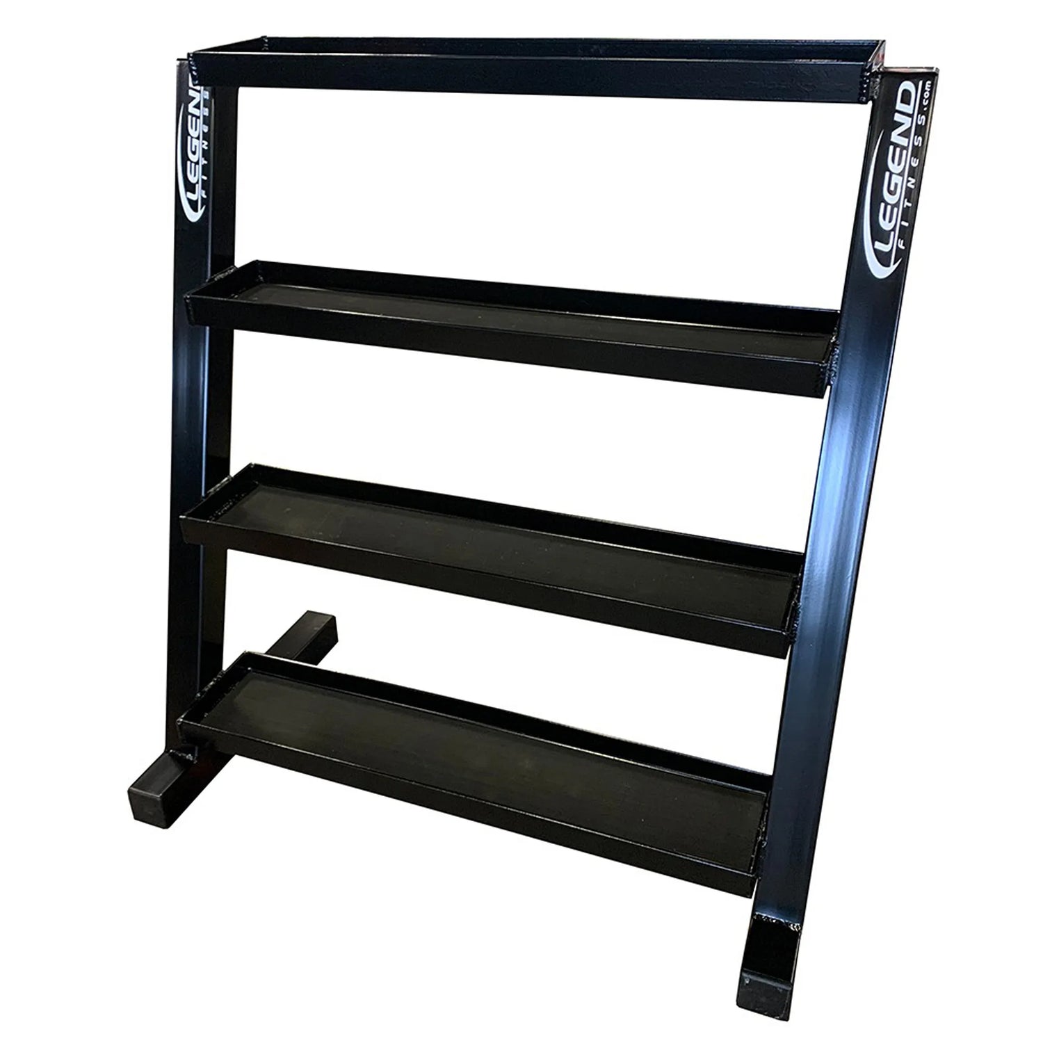 Black metal storage unit with four flat tray shelves on a white background
