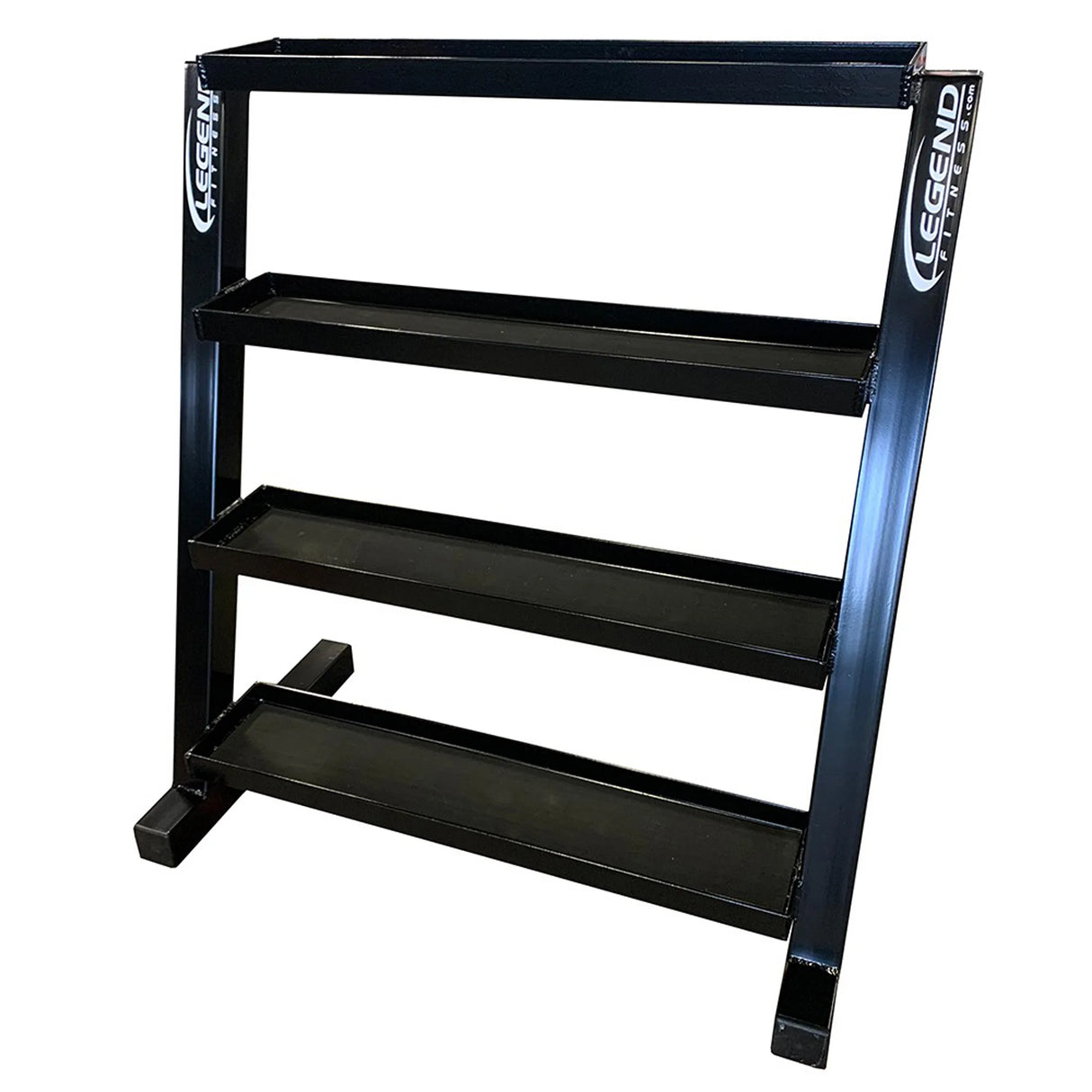Black metal storage unit with four flat tray shelves on a white background