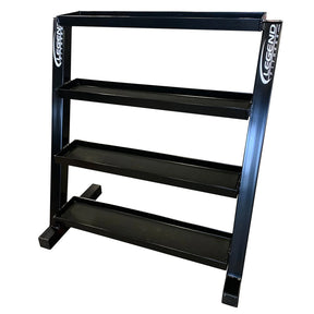 Black metal storage unit with four flat tray shelves on a white background