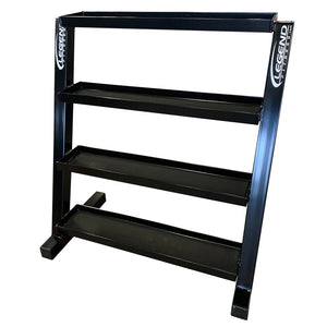Black metal storage unit with four flat tray shelves on a white background