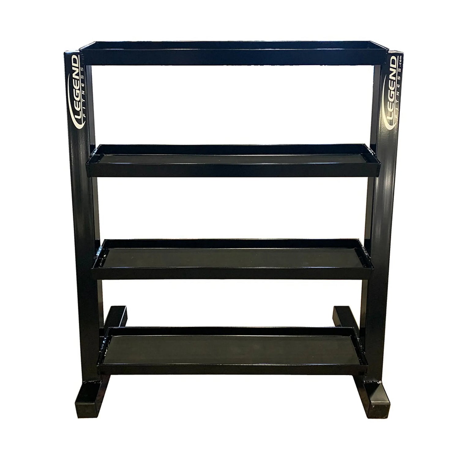 Black metal storage unit with four flat tray shelves on a white background