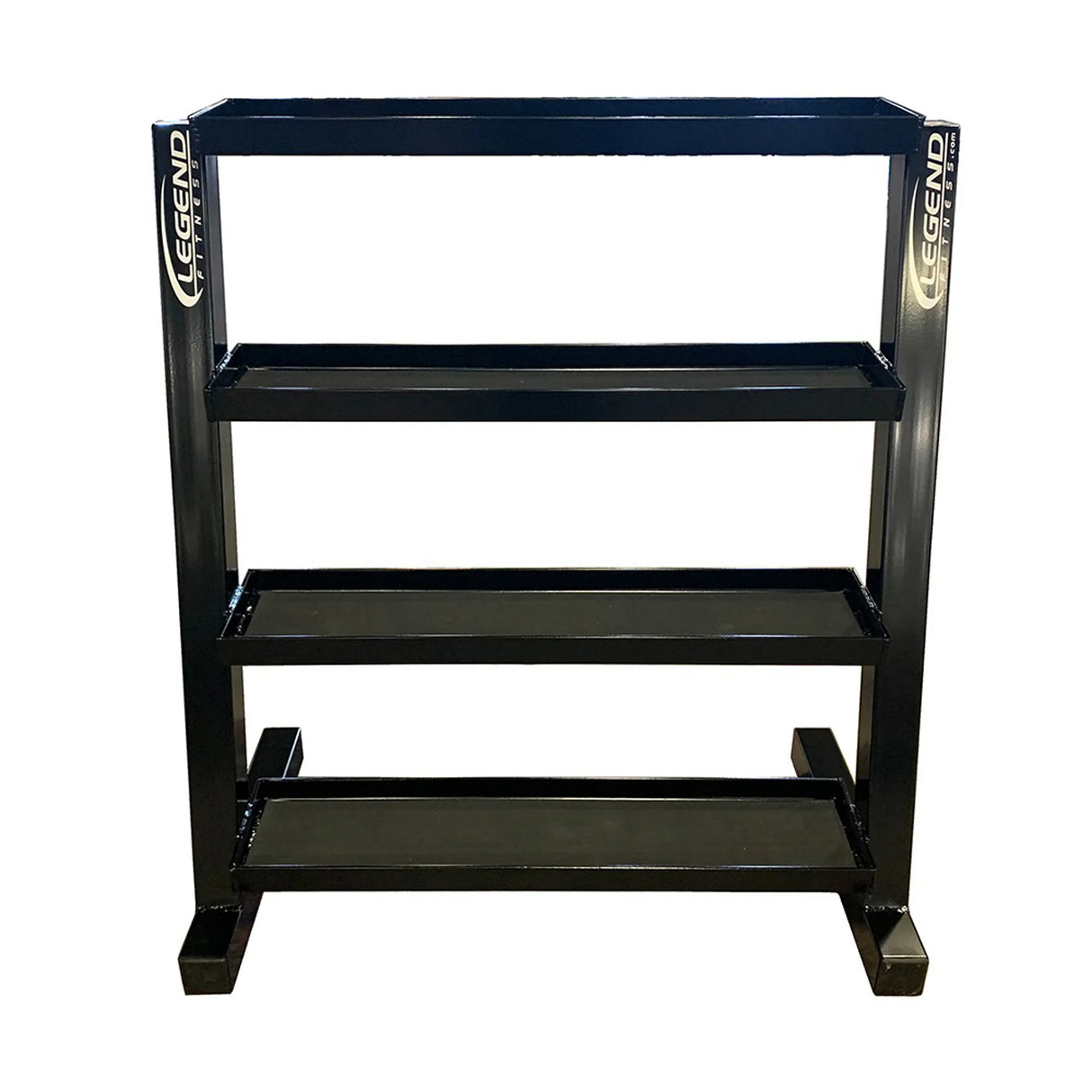 Black metal storage unit with four flat tray shelves on a white background