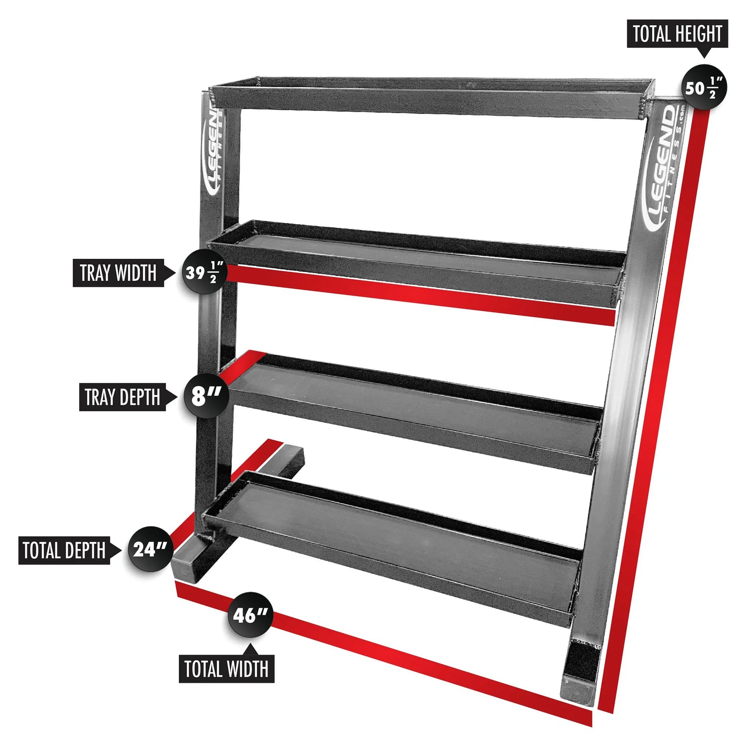 Gray metal storage unit with four flat tray shelves on a white background with red markings and dimension labels