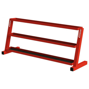 Red metal storage unit with three shelves on a white background