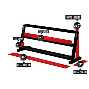 Black metal shelving unit on a white background with red dimension markings and labels