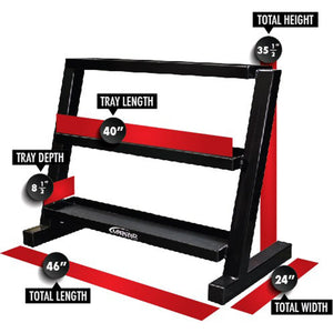 Black metal storage unit with three shelves on a white background with red markings and dimension labels