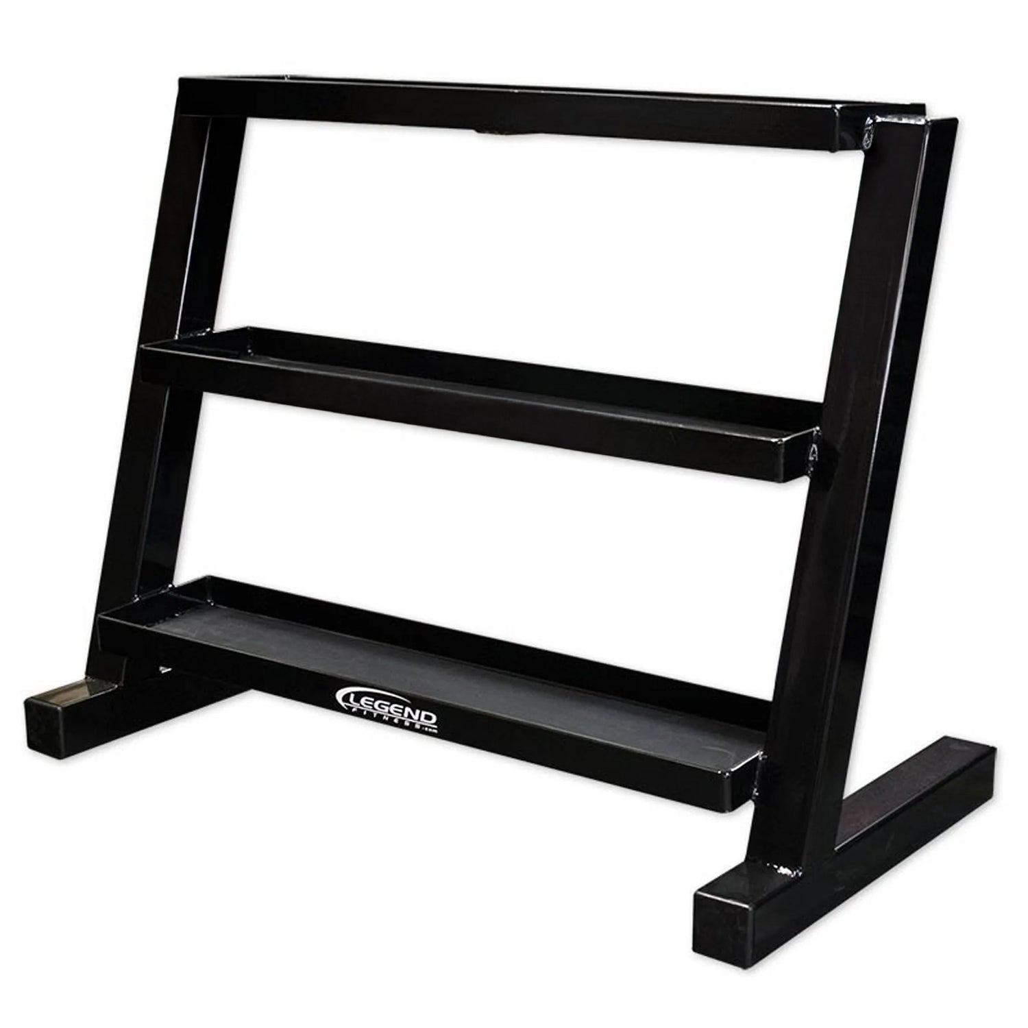 Black metal storage unit with three flat tray shelves on a white background