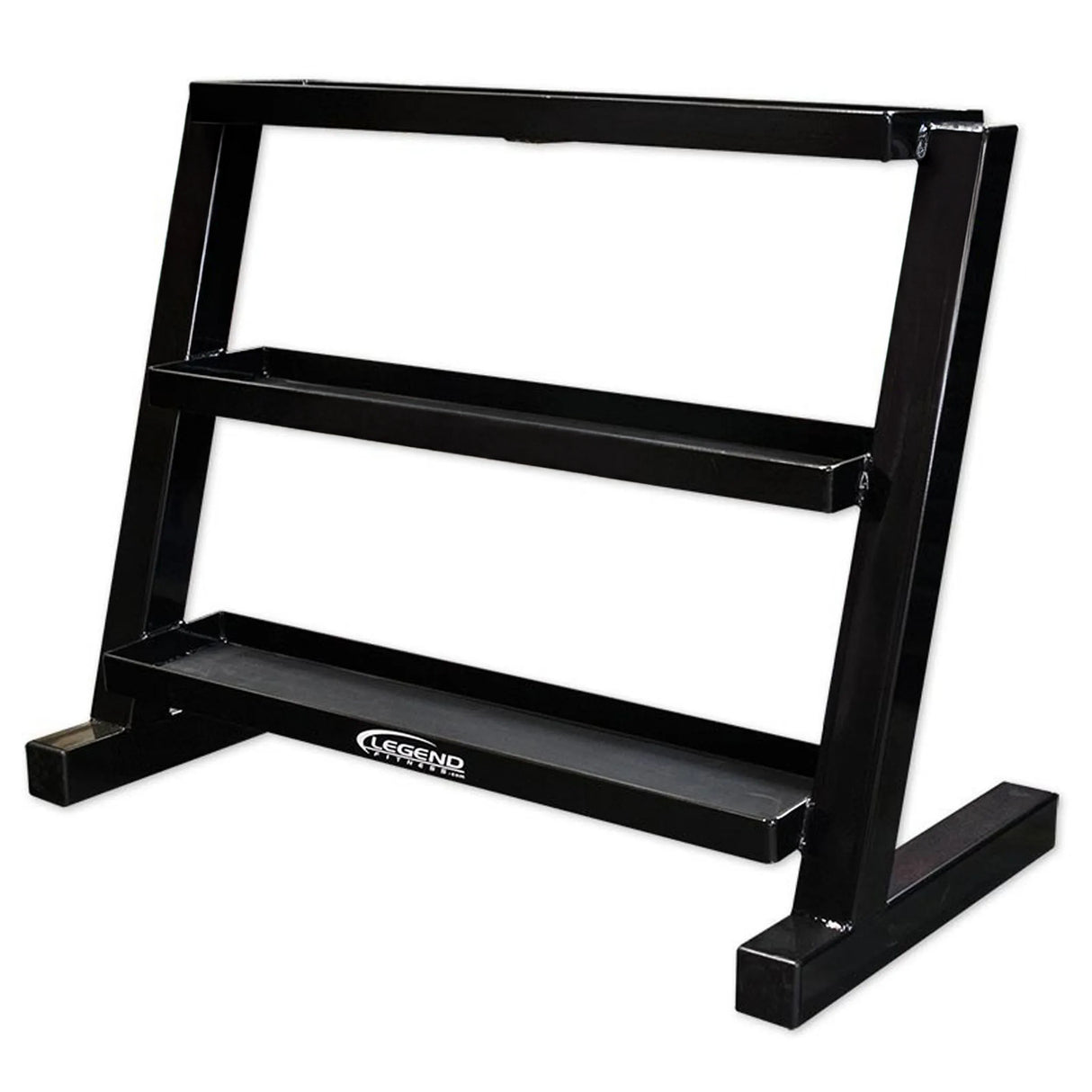 Black metal storage unit with three flat tray shelves on a white background