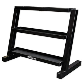 Black metal storage unit with three flat tray shelves on a white background